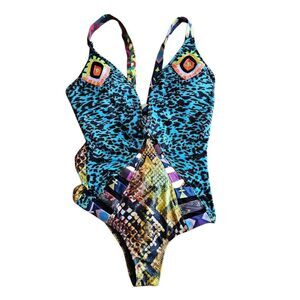 Agua bendita womens Sz S multicolor animal print embroidered one piece Swimsuit